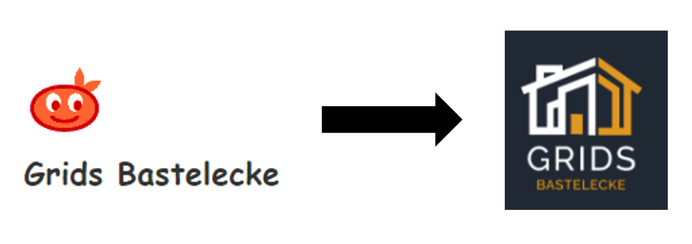 Das Bild zeigt eine visuelle Darstellung des Logo-Wechsels der Website "Grids Bastelecke". Links sieht man das alte Logo, das eine einfache, kindlich gestaltete Figur in Rot zeigt, die einem lachenden Gesicht ähnelt. Darunter steht in einer verspielten Schrift „Grids Bastelecke“. Rechts im Bild befindet sich das neue Logo, das wesentlich moderner und professioneller gestaltet ist. Es zeigt ein stilisiertes Haus in Weiß und Gelb auf einem dunkelblauen Hintergrund, begleitet von einer klaren, serifenlosen Schrift, die „Grids Bastelecke“ darstellt.
