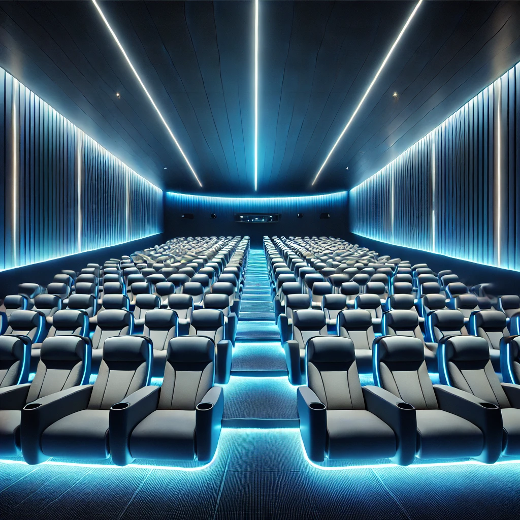 Das Bild zeigt das Innere des Kino Unna, einen modernen Kinosaal mit bequemen Sitzreihen. Die blaue LED-Beleuchtung entlang der Wände und Sitzreihen schafft eine futuristische und gemütliche Atmosphäre. Die symmetrische Anordnung der Sitze richtet sich auf eine große Leinwand aus, was jedem Zuschauer einen klaren Blick bietet. Die dezente Beleuchtung verstärkt das immersive Filmerlebnis, während das schicke und minimalistische Design den Komfort der Besucher unterstreicht. Die blauen Lichtakzente verleihen dem Raum eine entspannte, aber dennoch elegante Ausstrahlung.